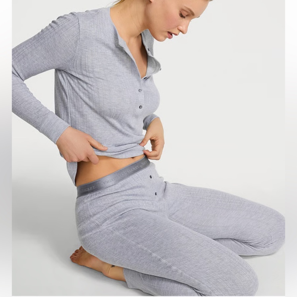 Victoria's Secret Cozy Pointelle Henley‎ Pajama Set in Light Gray Light, XXL
